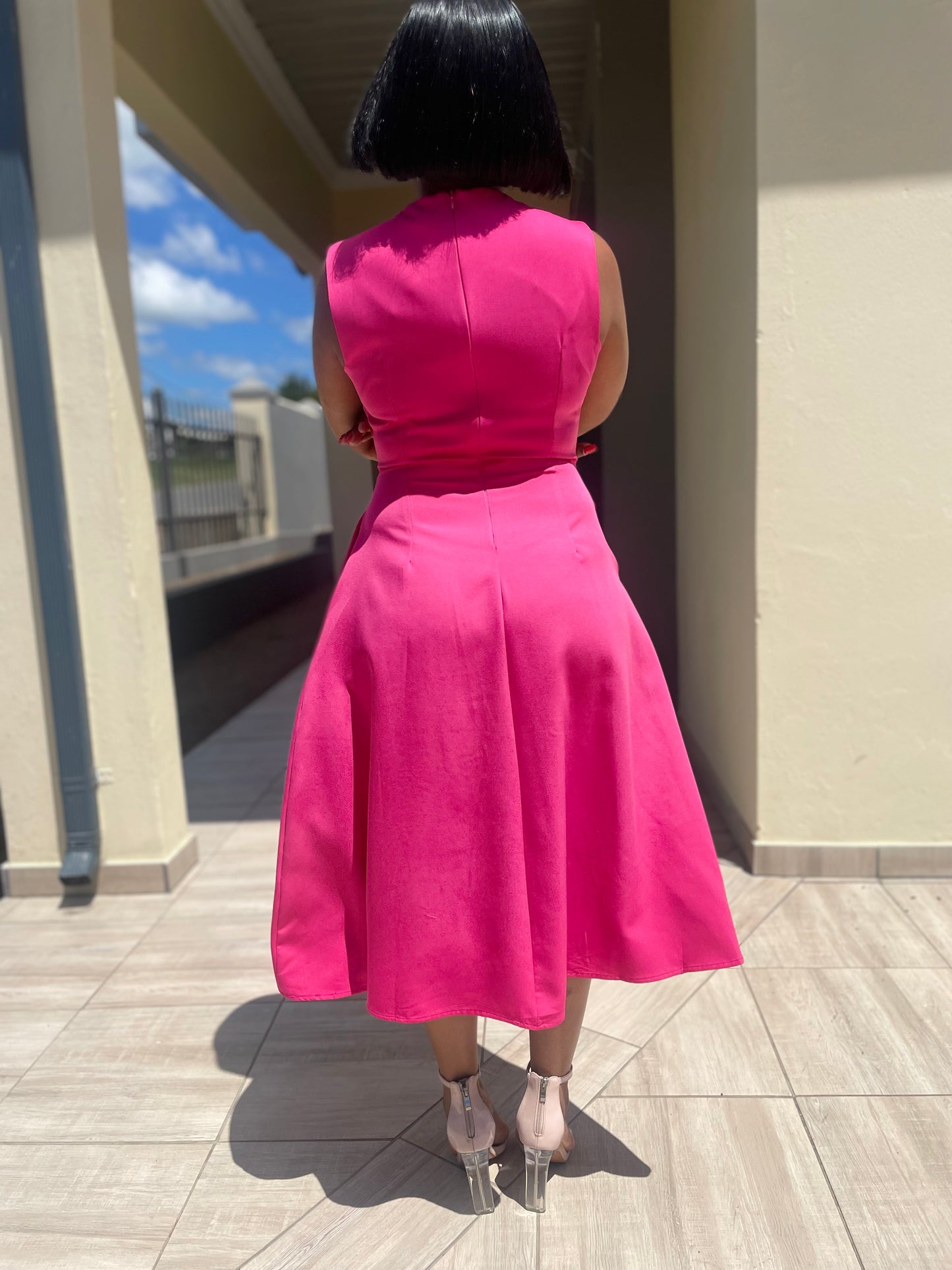 Pink Raffled Chest Mid Dress