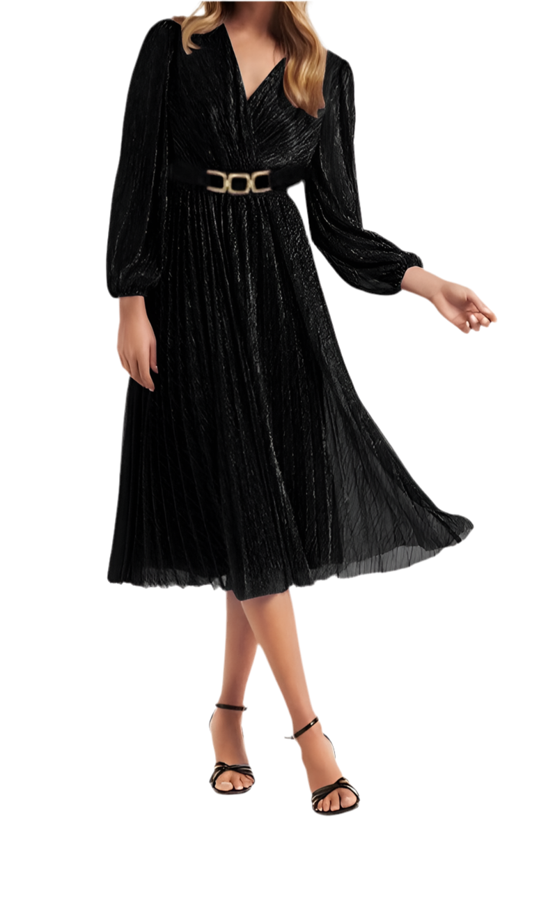 Women's V Neck Ruched High Waist Long Sleeves Floor Length Glitter Evening Dresses