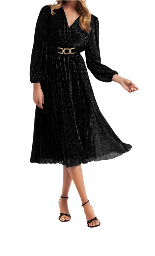 Women's V Neck Ruched High Waist Long Sleeves Floor Length Glitter Evening Dresses